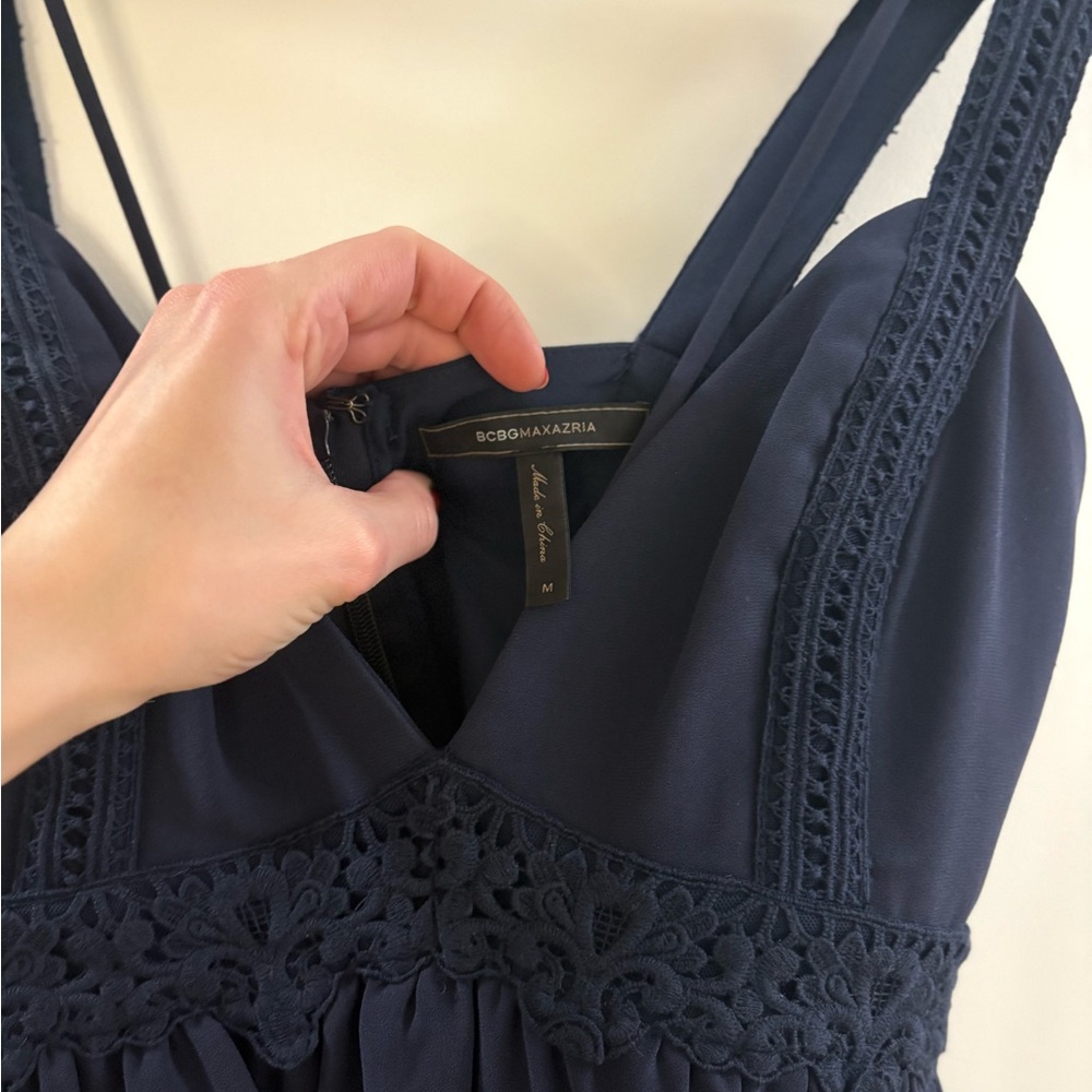 BCBGMAXAZRIA Navy Crepe Embroidered Peplum Jumpsuit - Picture 11 of 13